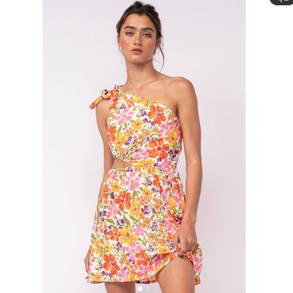 Sky To Moon Dresses & Skirts - Sky to Moon One Shoulder Colorful Floral Side Cutout Mini Dress Size Small